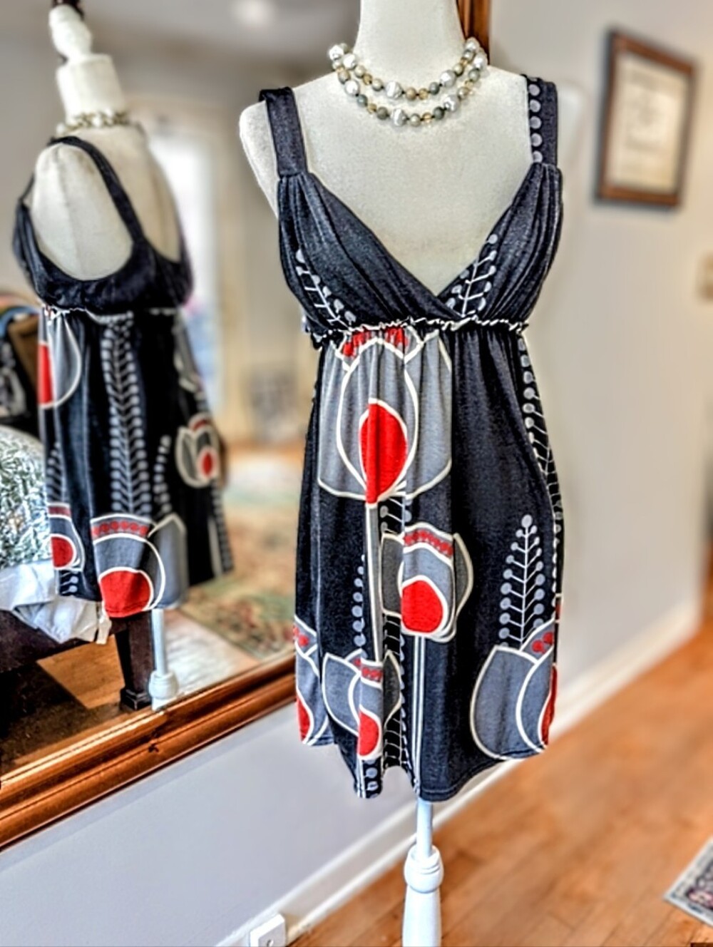 Yumi  Black Midi Dress with Red and Gray Floral Print